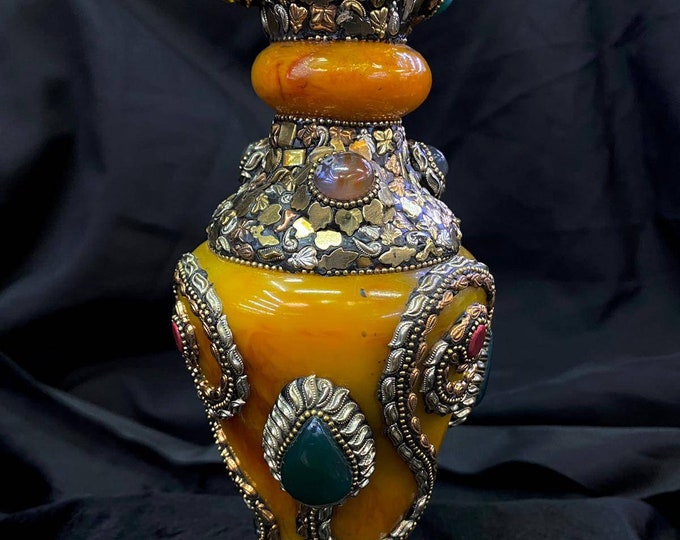 Vintage Beautiful Handicraft Tibetan Copal Flower Pot With Gemstone