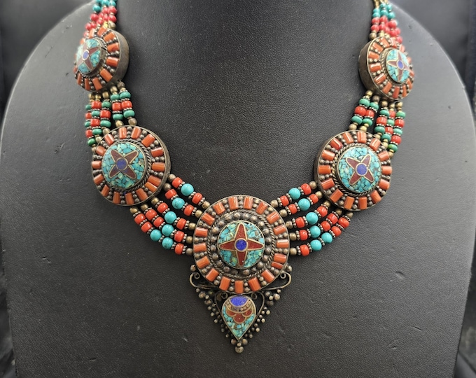 Amizing Vintage Silver Handmade Beautiful Choker / Necklace With Natural Coral And Turquoise Stone