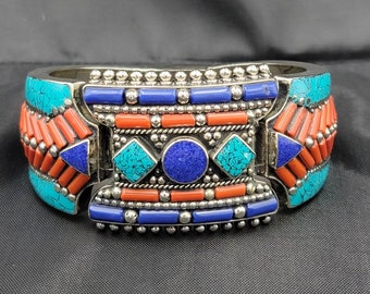 Vintage Silver Bangle: Turquoise, Lapis Lazuli & Coral Stone, 7cm