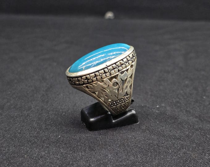 Antique Silver Ring with Natural Turquoise - Size 10US