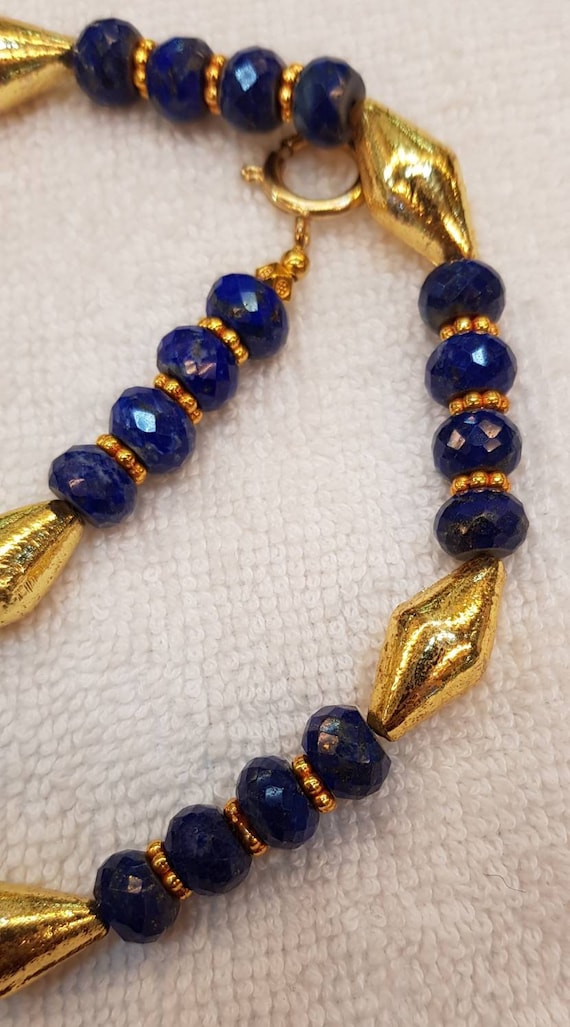 Collier Vintage En Lapis Lazuli Et Perles Dorées - Longueur ~41-45 Cm - Occasion