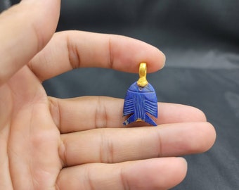 Ancient Lapis Lazuli Stone And Green Jade Stone Wonderful Fish Shape Carved Gold-plated Pendant