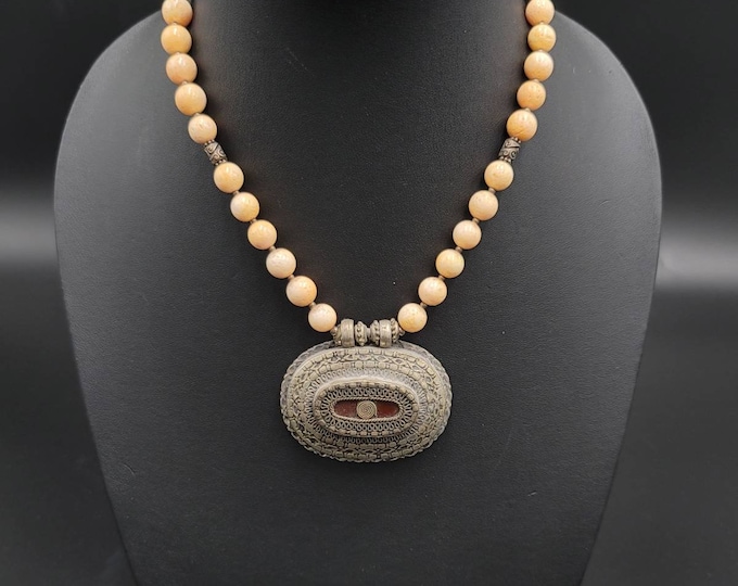 Vintage Beautiful Afghanistan Old Silver Pendant With Pink Coral Gemstone Necklace