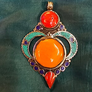 Handmade Tibetan Silver Pendant: Turquoise & Coral Stone