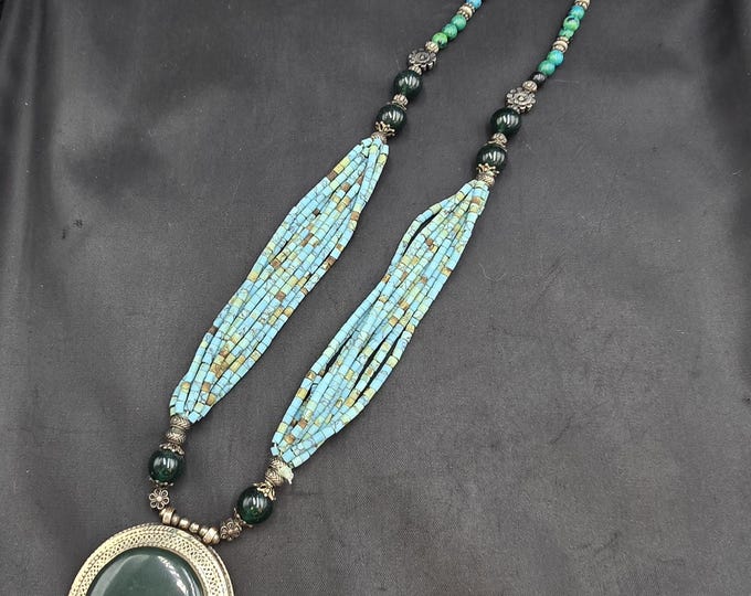 Green Jade & Turquoise Silver Pendant Necklace - Tibetan Style