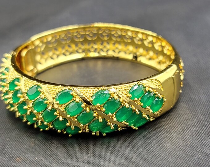 Super Green Emerald Gemstone Gold Over Silver Vintage Bangle Bracelet