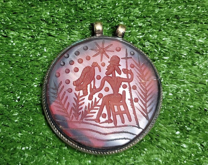 Ancient Old Agate Roman Empire 3rd Century BC King With Bird Intaglio Antique Silver Pendant