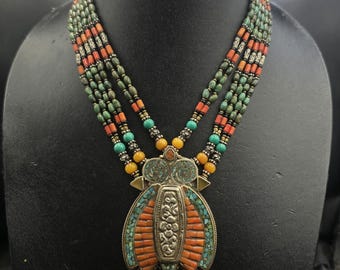 Vintage Silver Pendant Necklace: Turquoise & Coral Stone, 55cm