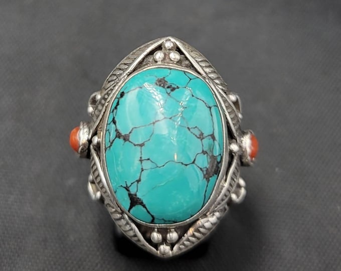 Native American Beautiful Handmade Authentic Silver Ring With Natural Turquoise Stone