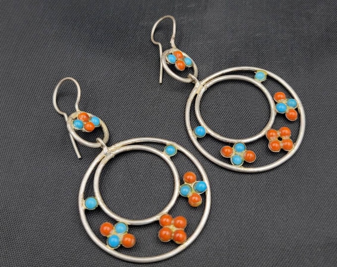 Vintage Old Silver Beautiful Earrings With Natural Turquoise And Coral Gemstone