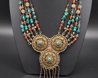 Super Gorgeous Silver Gold Gulding Vintage Tibetan Necklace With Natural Turquoise And Coral