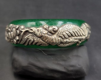 Handmade Carved Jade Bangle: Vintage Silver, Natural Green Stone