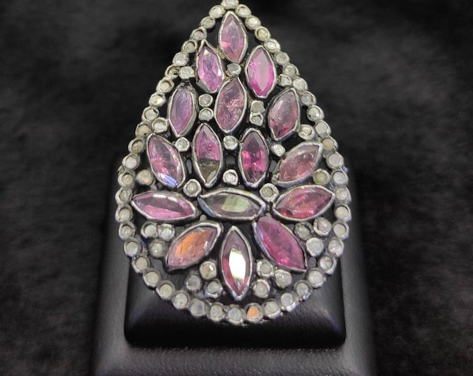 Wonderful Vintage Pink Natural Turmaline And Rose Cut Daimond Gemstones Silver Ring