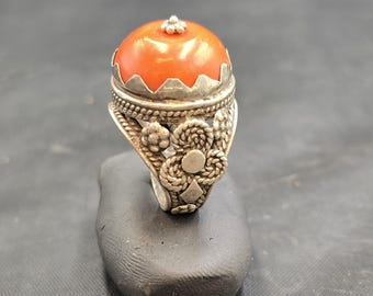 Handmade Coral Stone Ring: Ancient Silver, Size 6