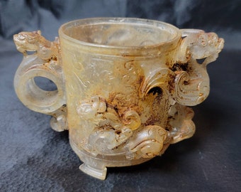 Ancient Himalayan Clear Quartz Cup: 300 BCE Dragon Carved Art Deco