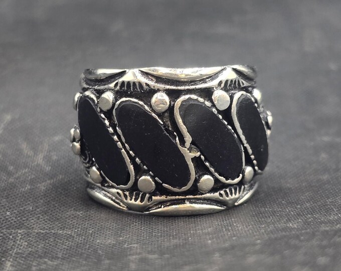 Vintage Afghan Handmade Silver Adjustable Ring With Natural Black Agate Stone