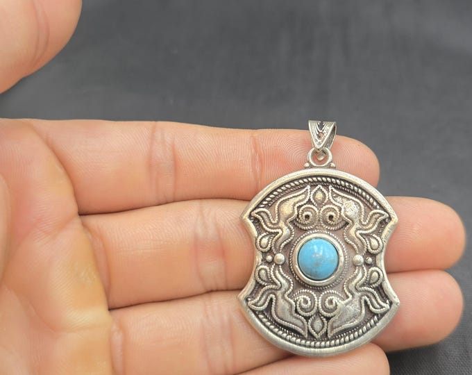 Old Silver Vintage Handmade Tibeten Pendant With Natural Turquoise Stone