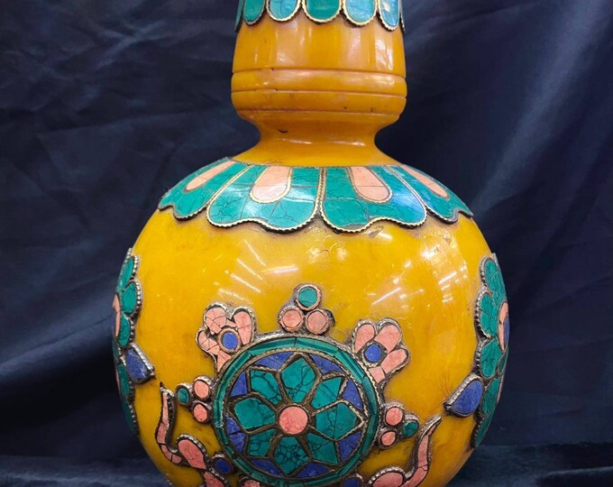 MASSIVE Size Big Tibetan Bottle / Flowers Pot Copal With Turquoise And Coral Stone