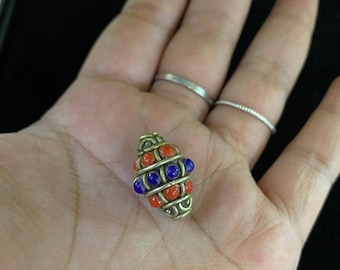 Handmade Silver Plated Bead: Vintage Coral & Lapis Lazuli (15x22mm)