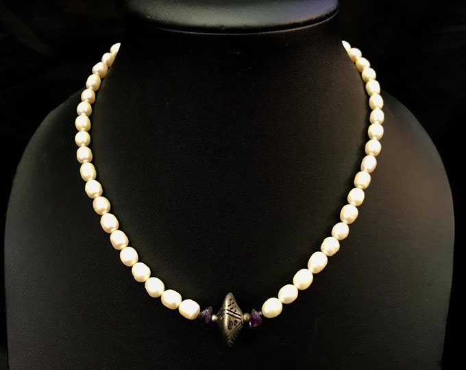 Natural Fresh Water Pearl With Silver Vintage Beads Necklace