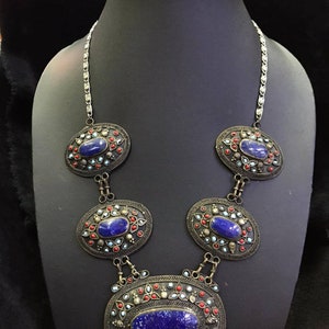 Handmade Silver Necklace: Vintage Lapis Lazuli, Turquoise & Coral - Afghanistan