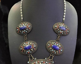 Handmade Silver Necklace: Vintage Lapis Lazuli, Turquoise & Coral - Afghanistan