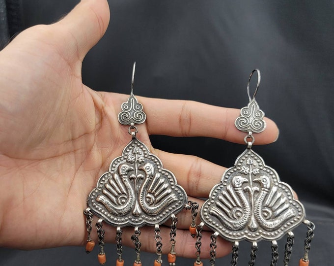 Wonderful Huge Near Eastern Silver Earrings With Natural Old Coral Stone