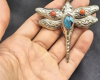 Handmade Authentic Silver Butterfly Shape Pendant With Natural Turquoise And Coral