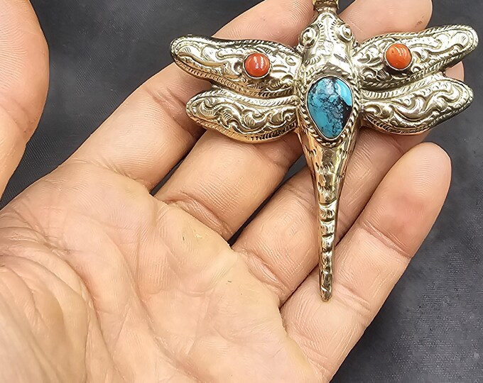 Handmade Authentic Silver Butterfly Shape Pendant With Natural Turquoise And Coral