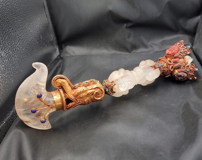 Antique Gold Gulit Himalayan Clear Crystal Quartz Tibetan Kartika Vagira Knife Axe 3 Face Mahakala Art Deco