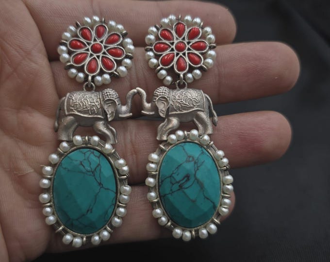 Handmade Vintage Tibetan Silver Unique Design Earrings With Turquoise Stone