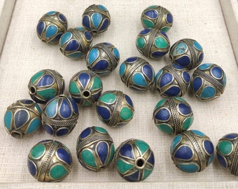 Vintage Silver Plated Afghanistan Beads With Turquoise and Lapis Stone Inlaid For Making Necklace and Bracelets Etc Jewelry Supplies