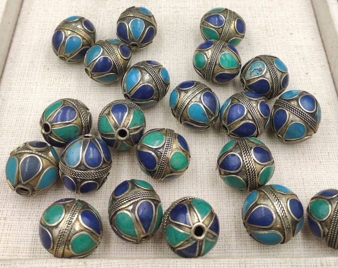 Vintage Silver Plated Afghanistan Beads With Turquoise and Lapis Stone Inlaid For Making Necklace and Bracelets Etc Jewelry Supplies