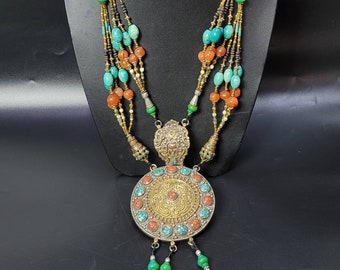 Vintage Silver Gold Guilding Necklace: Turquoise & Coral Gemstone, Handmade