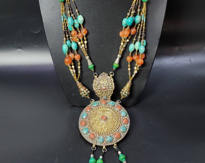 Super Gorgeous Vintage Old Silver With Gold Gulding Authentic Necklace With Natural Turquoise And Coral Gemstone