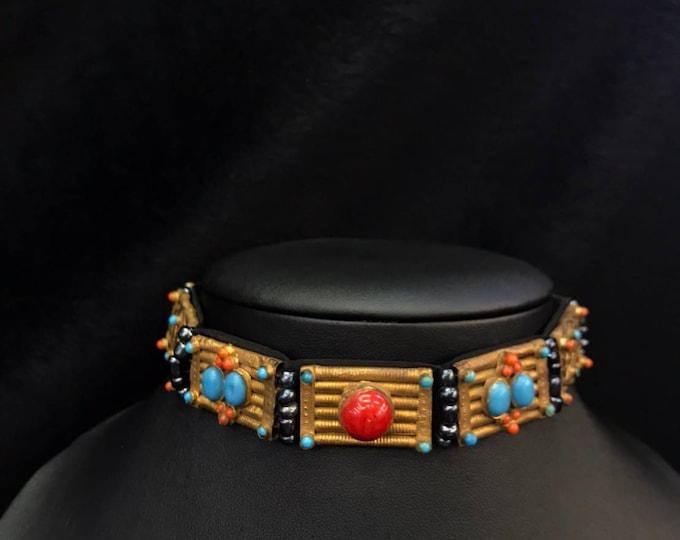 Beautiful Antique Afghanistan Handmade Silver Gold Plated Coker With Turquoise And Coral Gemstone