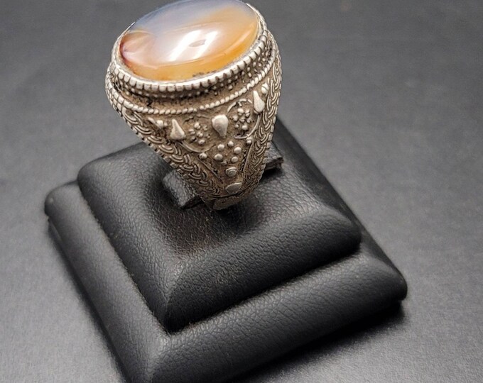 Antique Old Silver Handmade Ring With Ancient Old Afghanistan Agate Stone