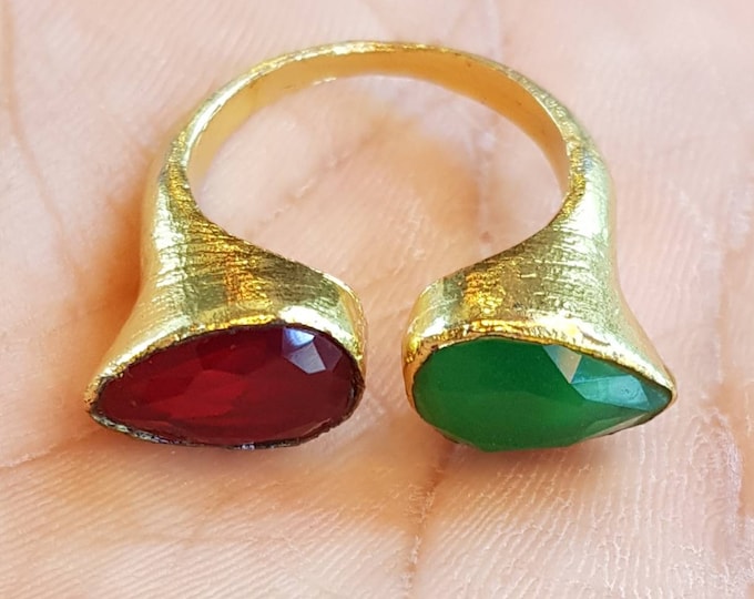 Beautiful Natural Red Agate Stone And Green Agate Stone Gold Gulied lovely Ring