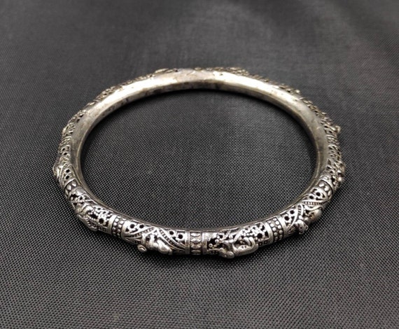Vintage Silver Tibetan Bangle: Handmade Lucky Symbol