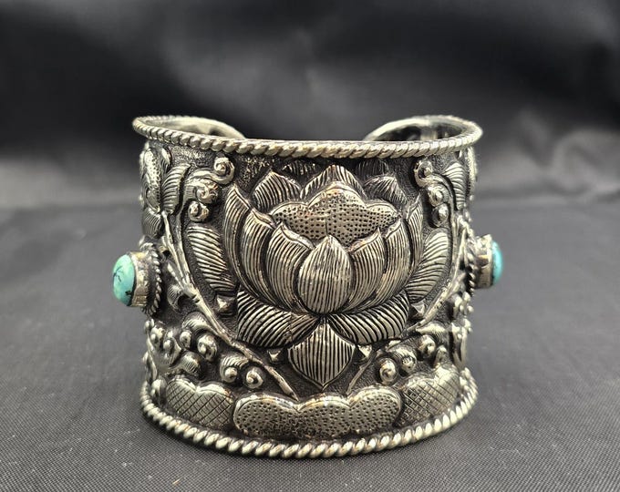 Hand Carved Tibetan Silver Bangle: Adjustable Turquoise Bracelet