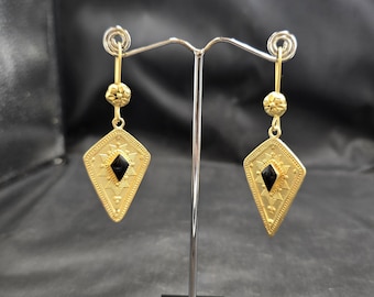 Authentic 20k Gold On Silver Beautiful Vintage Ethnic Earrings With Black Agate Stone