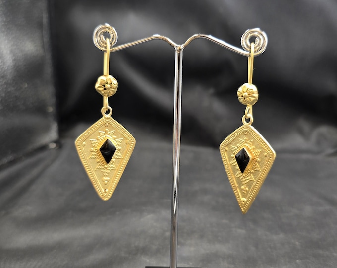 Authentic 20k Gold On Silver Beautiful Vintage Ethnic Earrings With Black Agate Stone