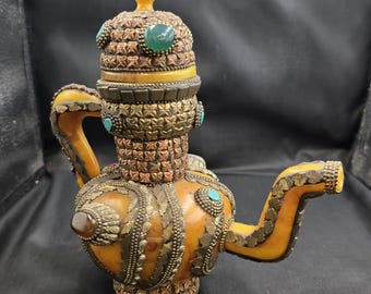 Amizing Beautiful l Handmade Vintage Old  Copal Tibetan Lovely Tea Pot With Natural Gemstones