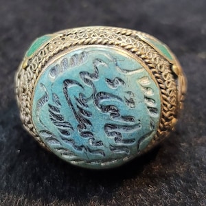 Ancient Old Calligraphy Carved Vintage Near Eastern Silver Ring With Natural Turquoise Stone