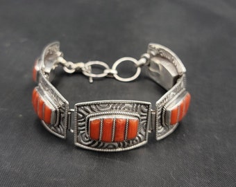 Vintage Silver Bangle Bracelet with Natural Coral Stone (22cm)