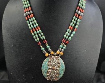 Amizing Vintage Silver And Brass Beautiful Tibeten Necklace With Natural Turquoise And Coral Stone