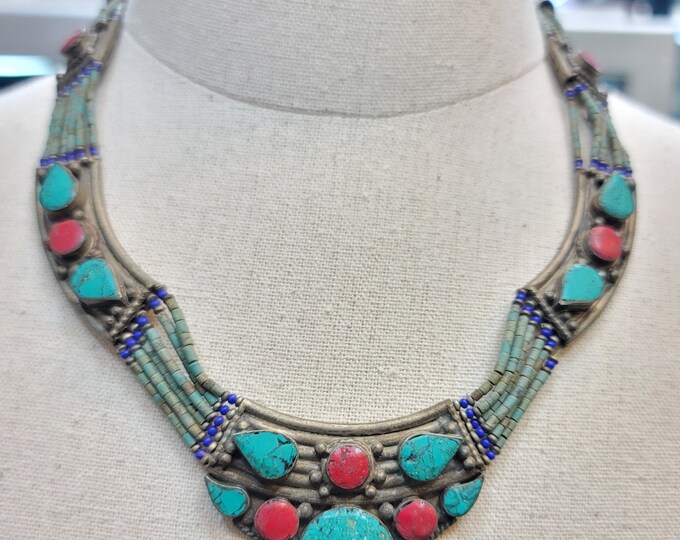 Vintage Old Silver Authentic Gorgeous Necklace With Natural Turquoise And Coral Gemstone