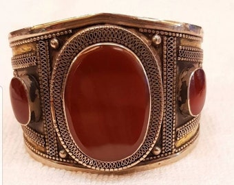 Vintage Sterling Silver Tribal Cuff: Red Agate Bangle, Afghanistan