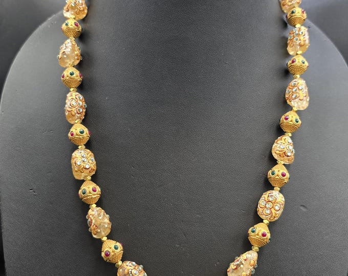 Beautiful Mughal Design Vintage Citrine Gemstone Enamel Necklace With Gold Plated Beads