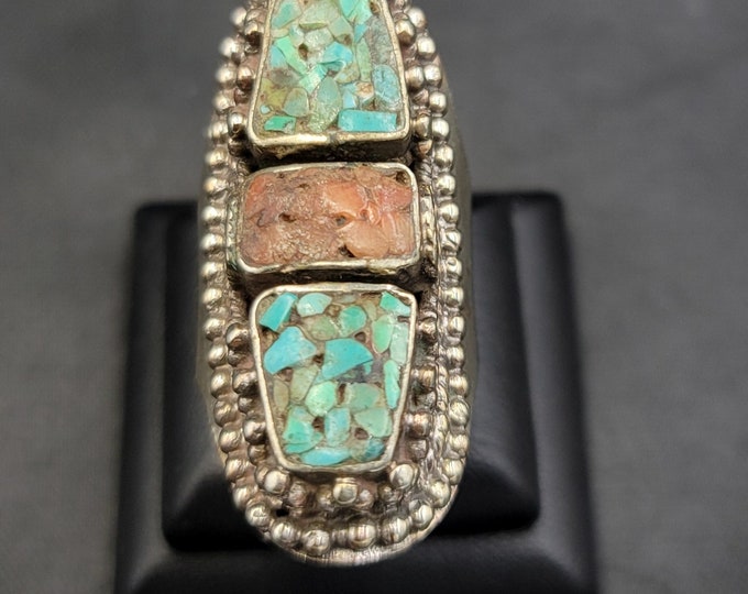 Beautiful Antique Old Tibeten Vintage Silver Ring With Natural Turquoise And Coral Stone
